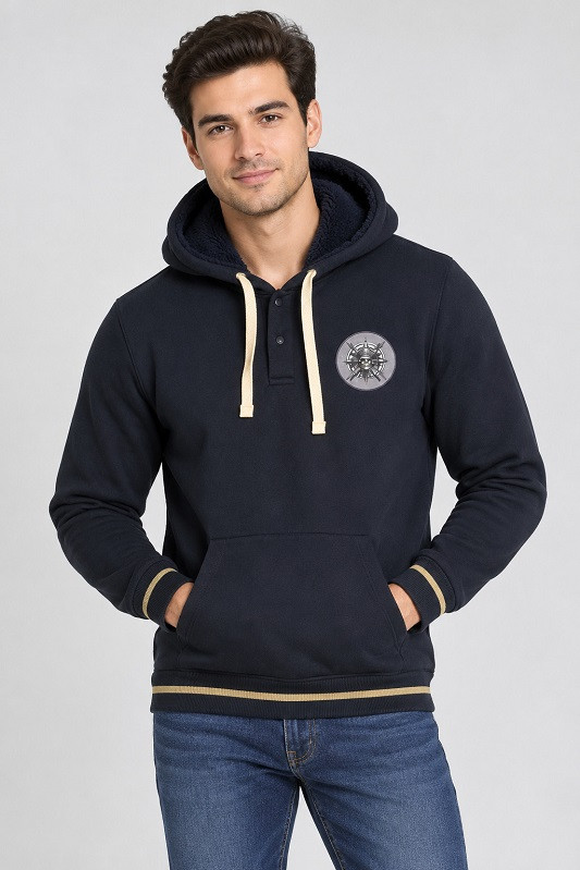 Men's Navy Blue Fur Lined Hoodie with Skull Print